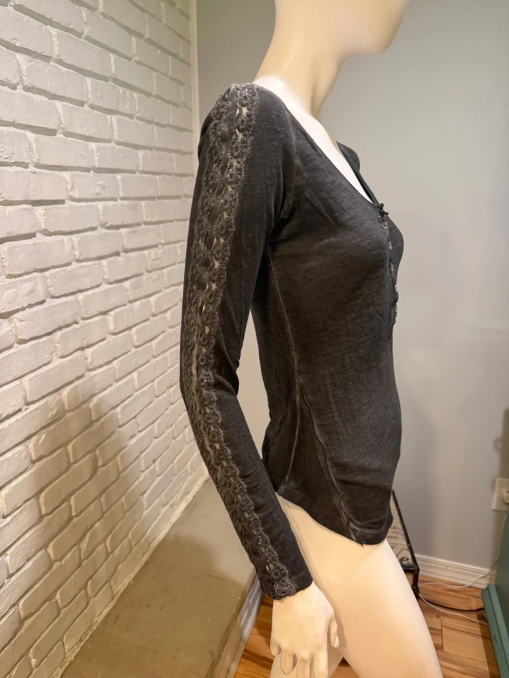 Free People Grey Lace Sleeve Henley Top Extra Small NWOT Boho Chic
